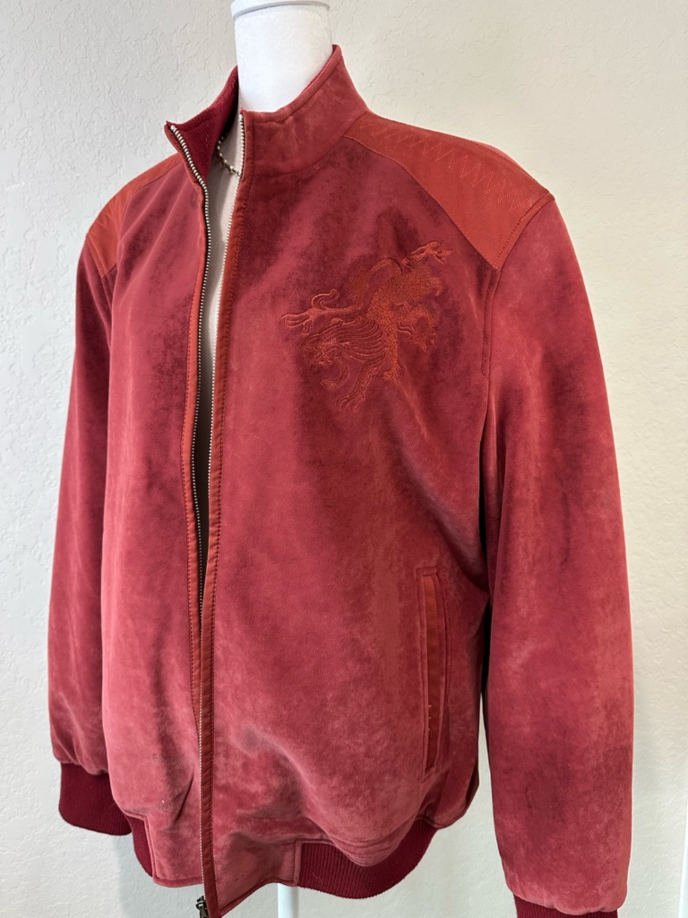 Men's Velvet Bomber Jacket in Rust Red Dragon Embroidery M